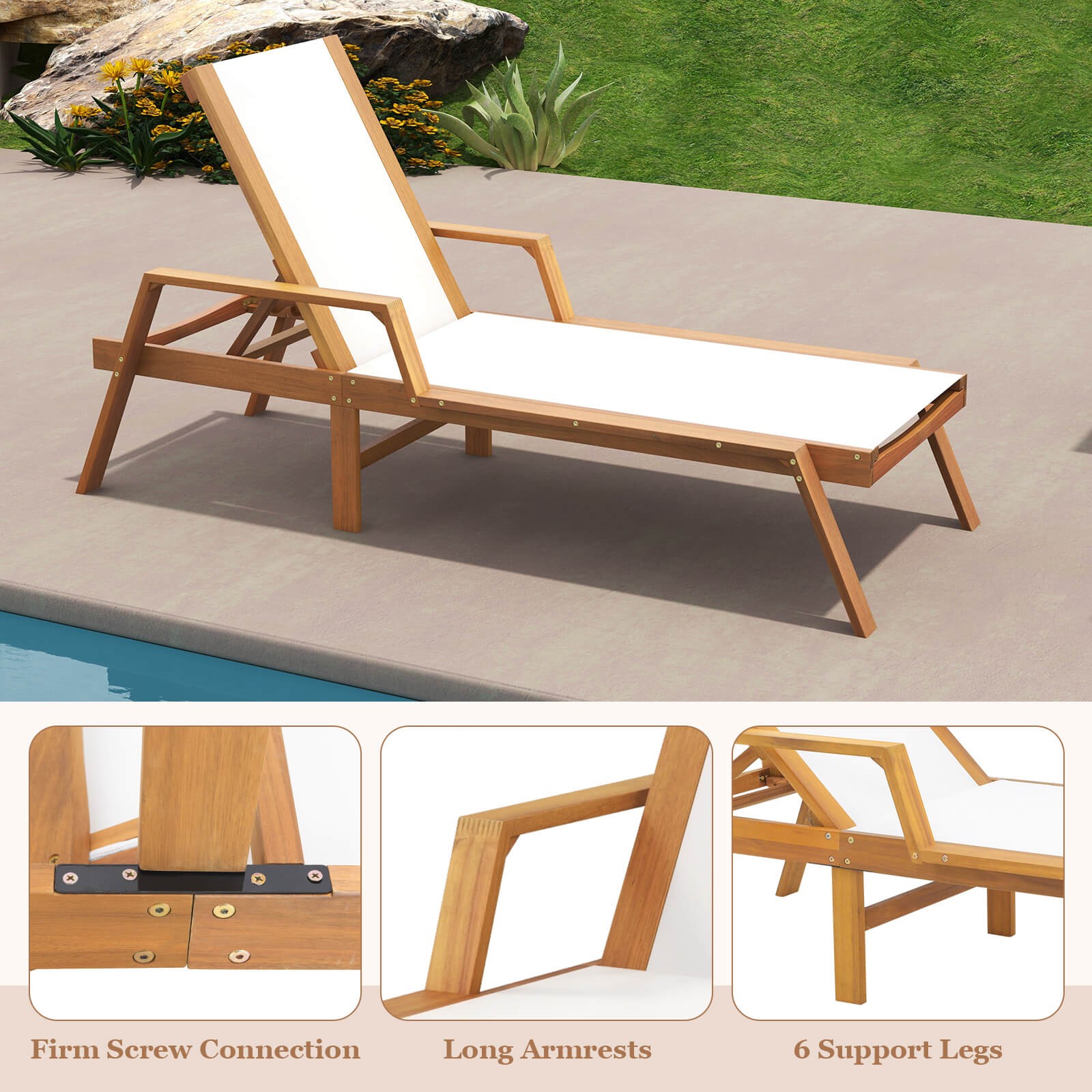2PCS Outdoor Chaise Lounge w/ Adjustable 5-position Backrest Solid Wood Frame