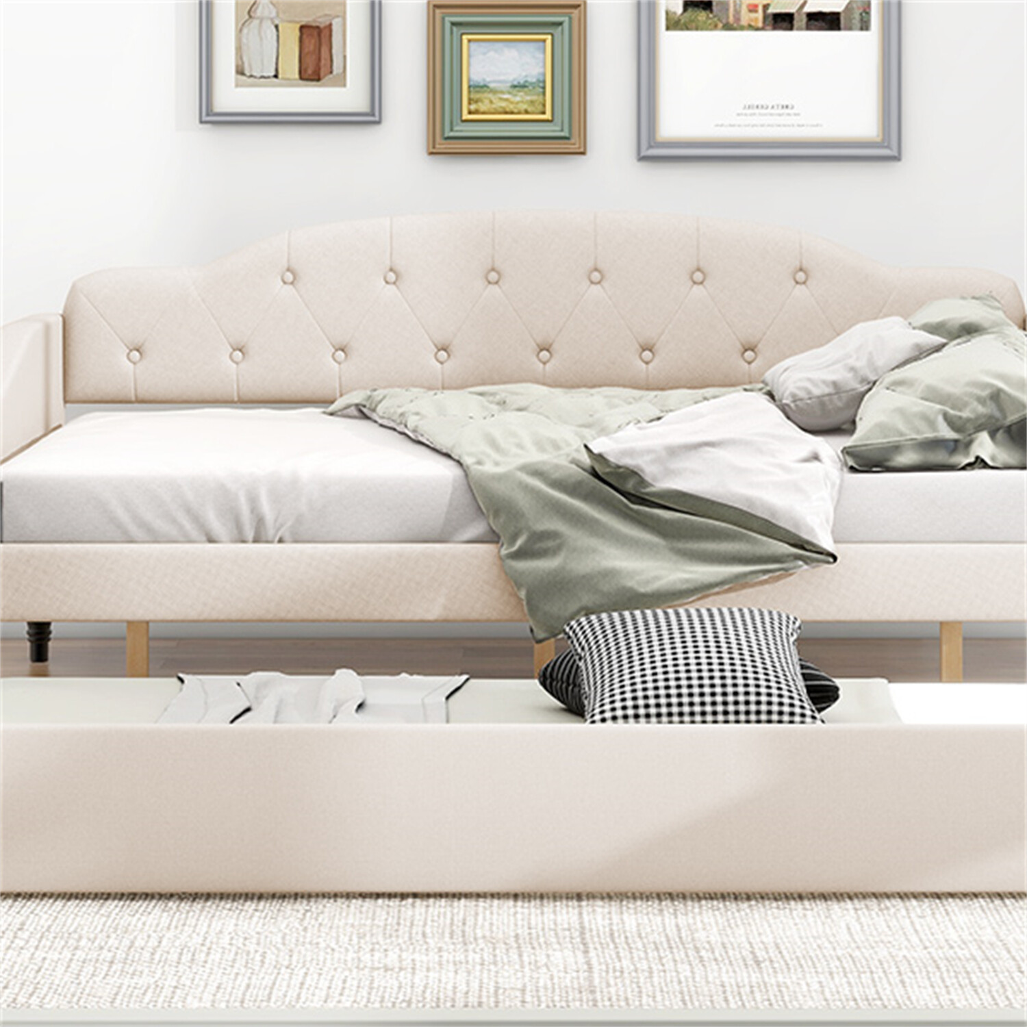 Full Size Daybed with Pull Out Trundle Bed Upholstered Bed Frame Sofa Bed Beige