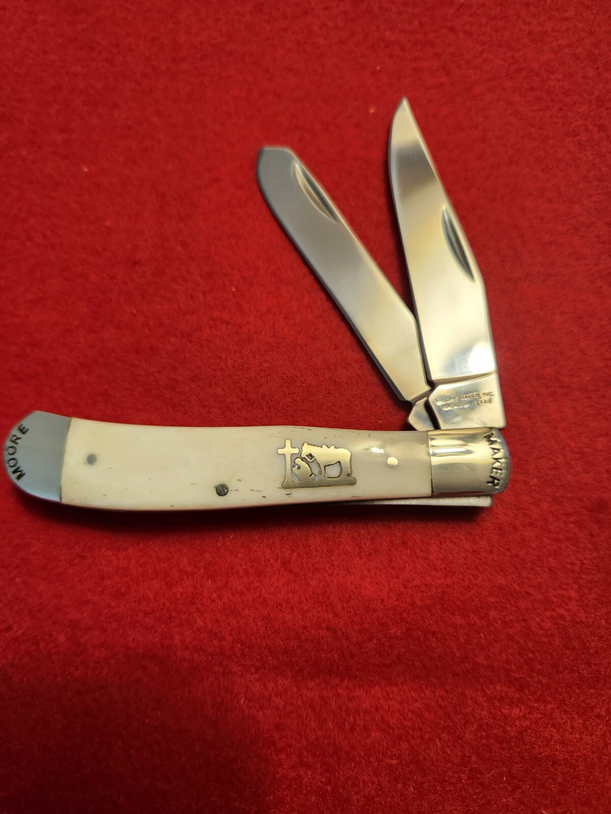 Moore Maker Matador, Texas 5202PC Praying Cowboy Trapper Knife WHITE Bone 2024