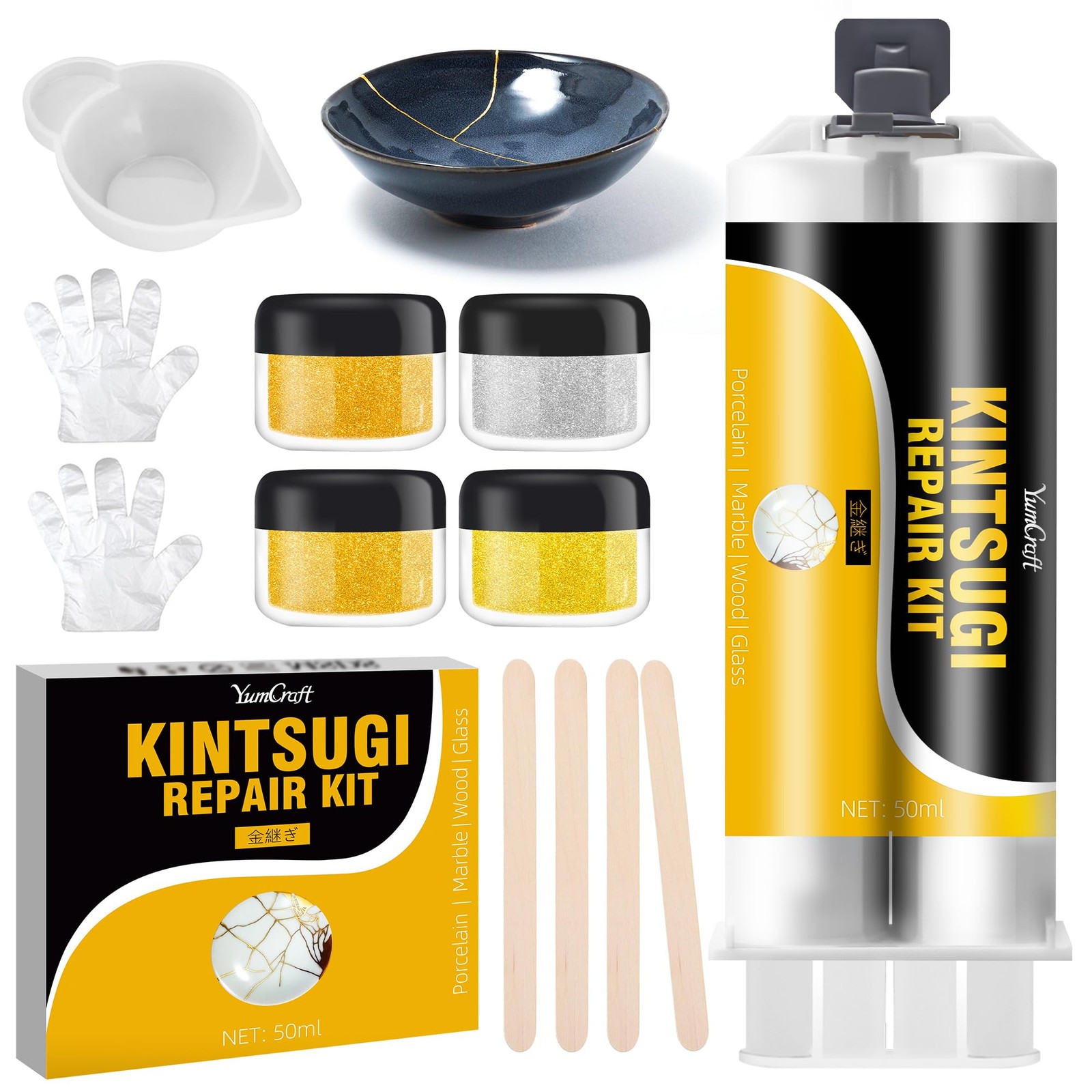 Kintsugi Repair Kit Gold & Silver, 50ml Food Safe Ceramic Glue
