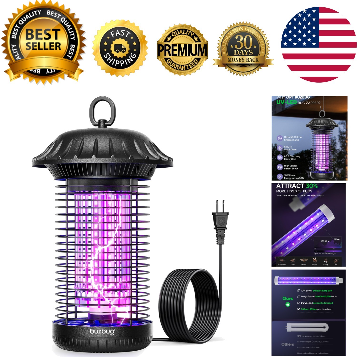 LED Bug Zapper Indoor Outdoor, Up to 50,000 Hours Lifespan Lamps, 6.5 ft Powe...