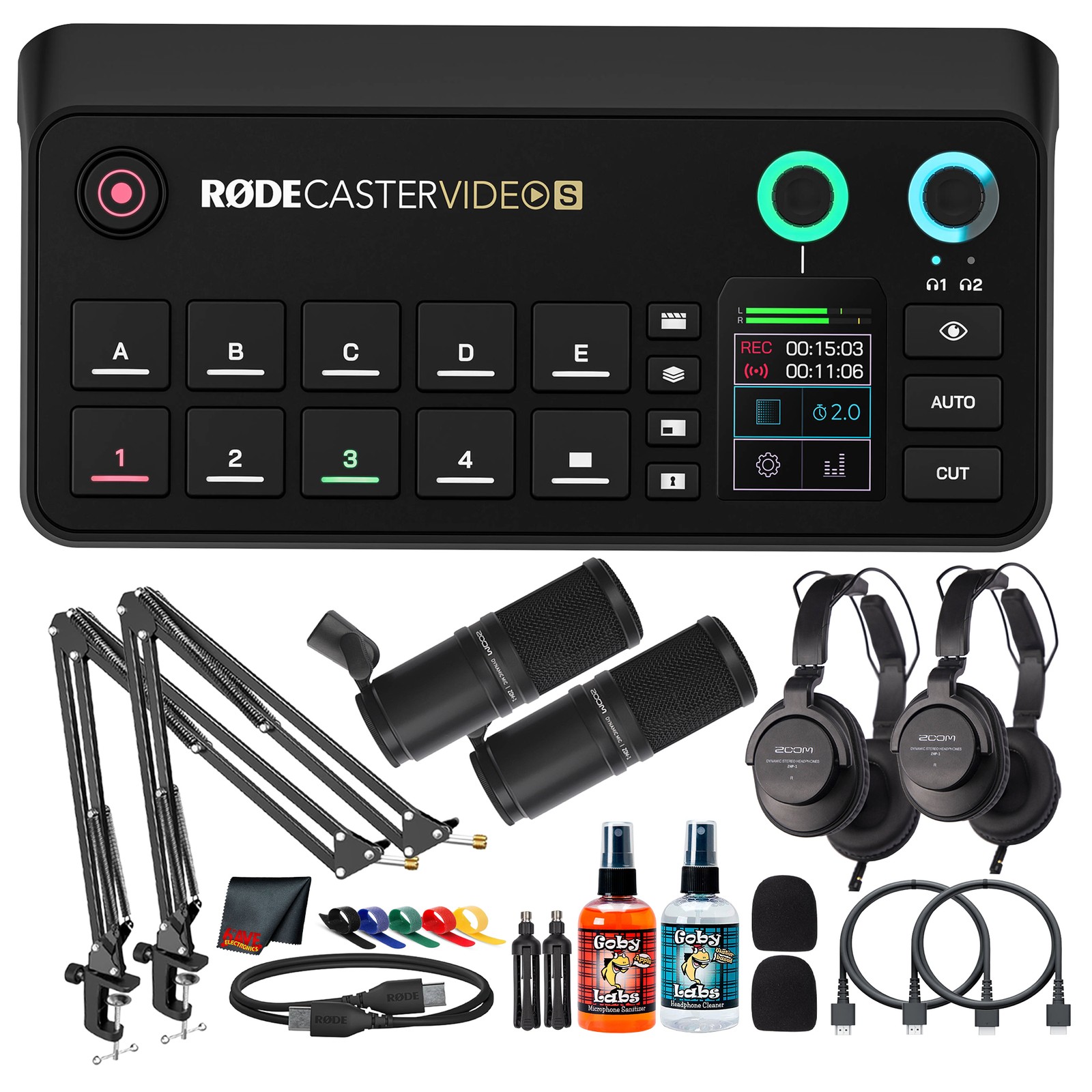 RODECaster Video S All-in-One Video Console (RCV-S) + 2x Podcast Mic Pack + More