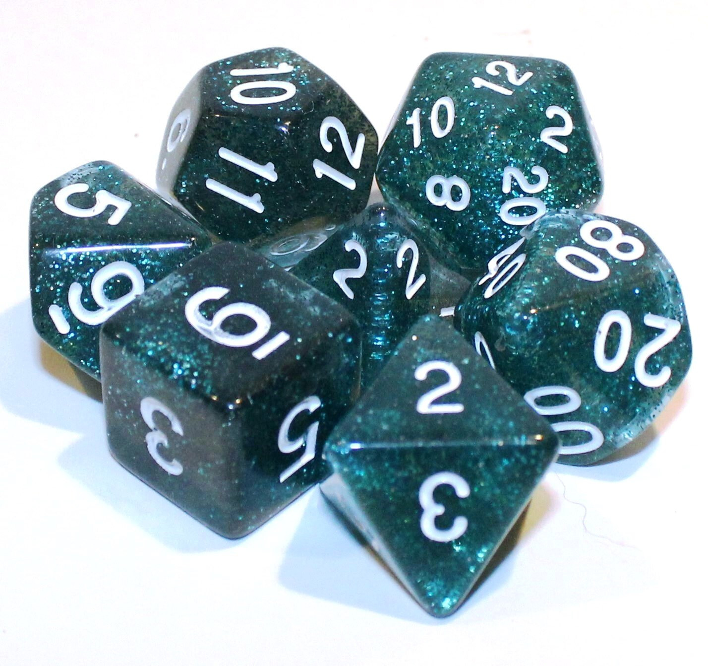 7 Piece Teal Glitter Polyhedral Dice Set – Turquoise Bag