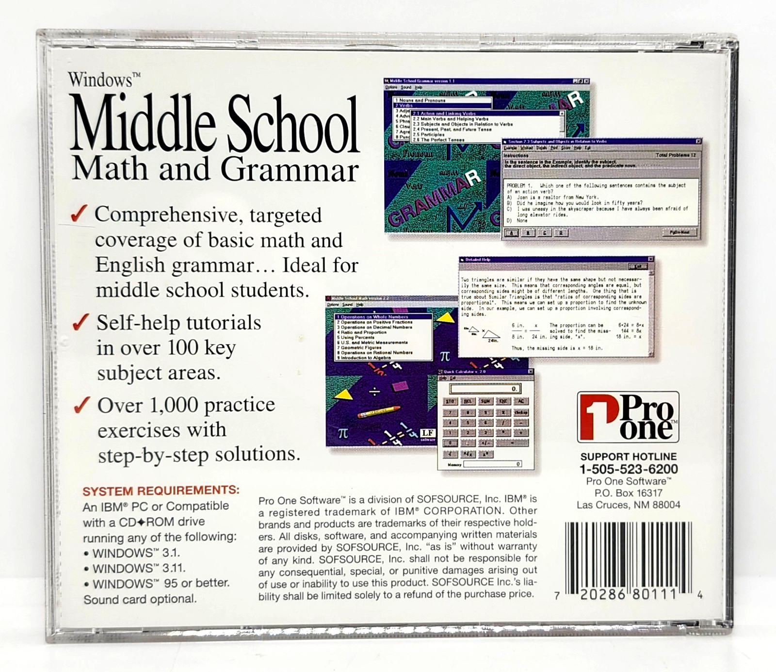 MIDDLE SCHOOL / MATH & GRAMMAR 1 PRO ONE CD-ROM (1995) WINDOWS 3.1 x /95 PC