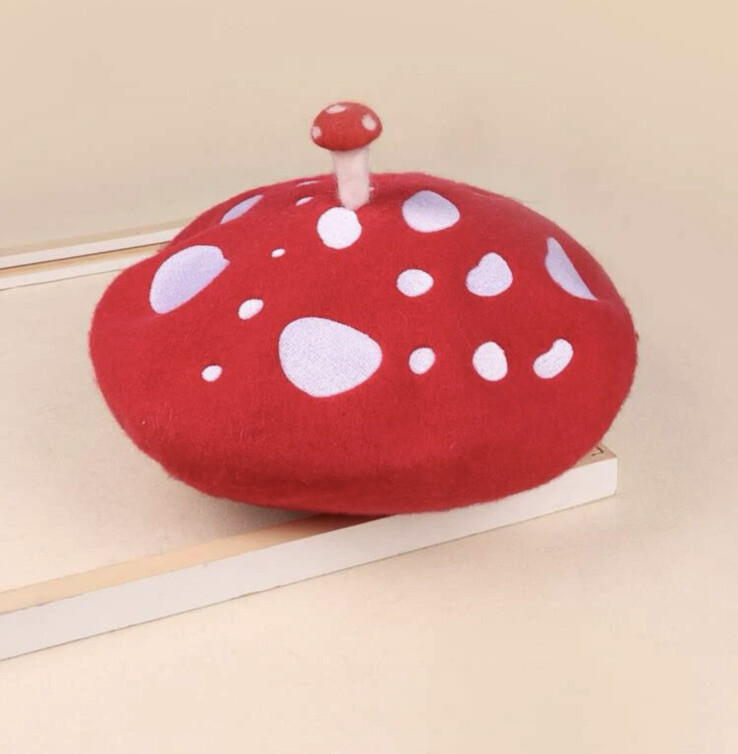 Red White Mushroom Woolen Beret Cap Unique New