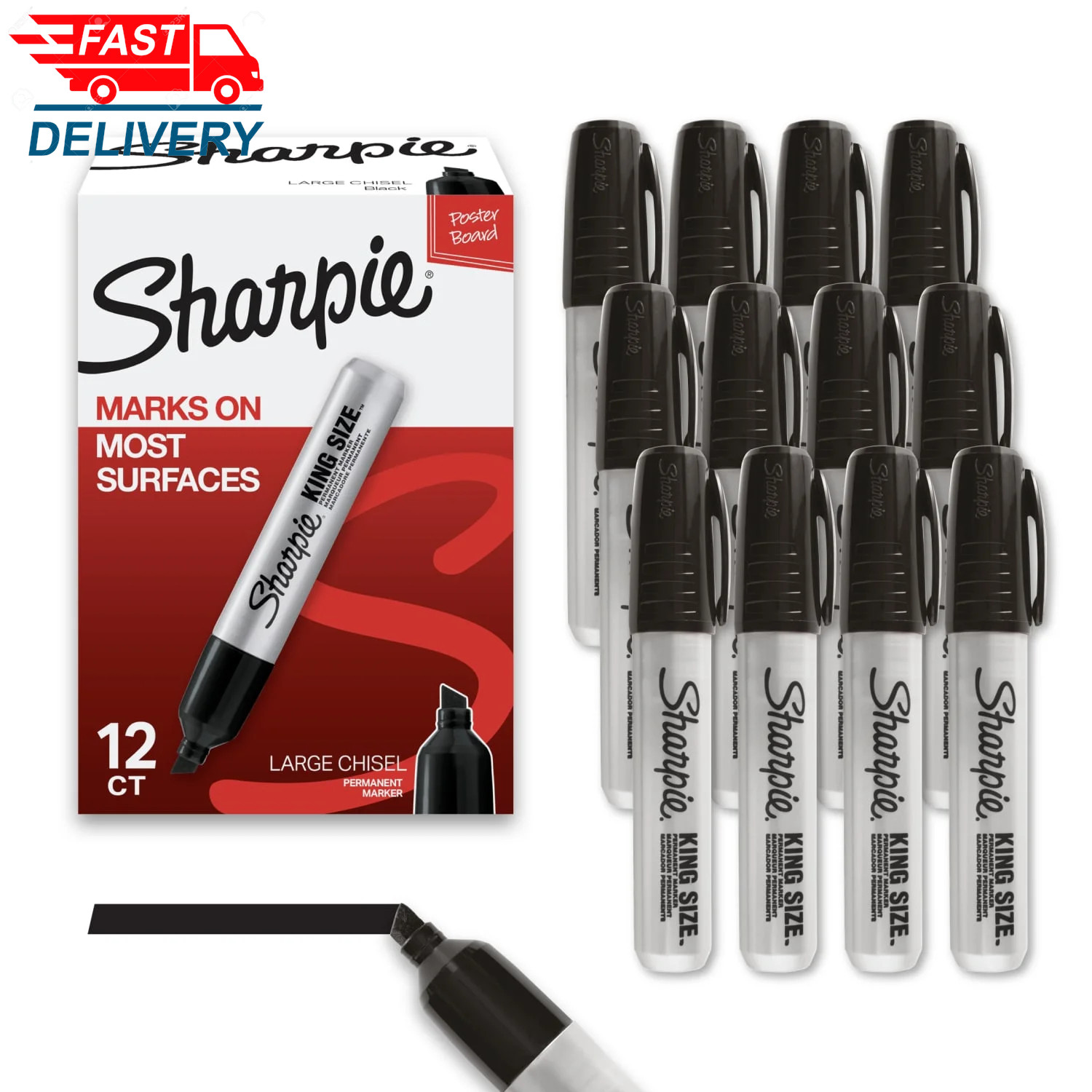 King Size Permanent Markers, Large Chisel Tip, Black, 12 Count