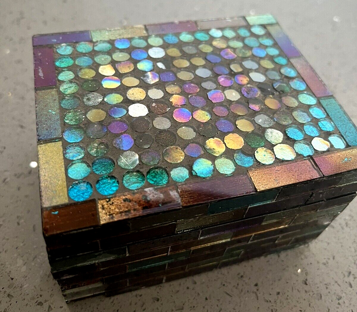 Mosaic Multicolored Glass Decorated Wooden Box 5.25" by 4.25" by 3.25" Q502