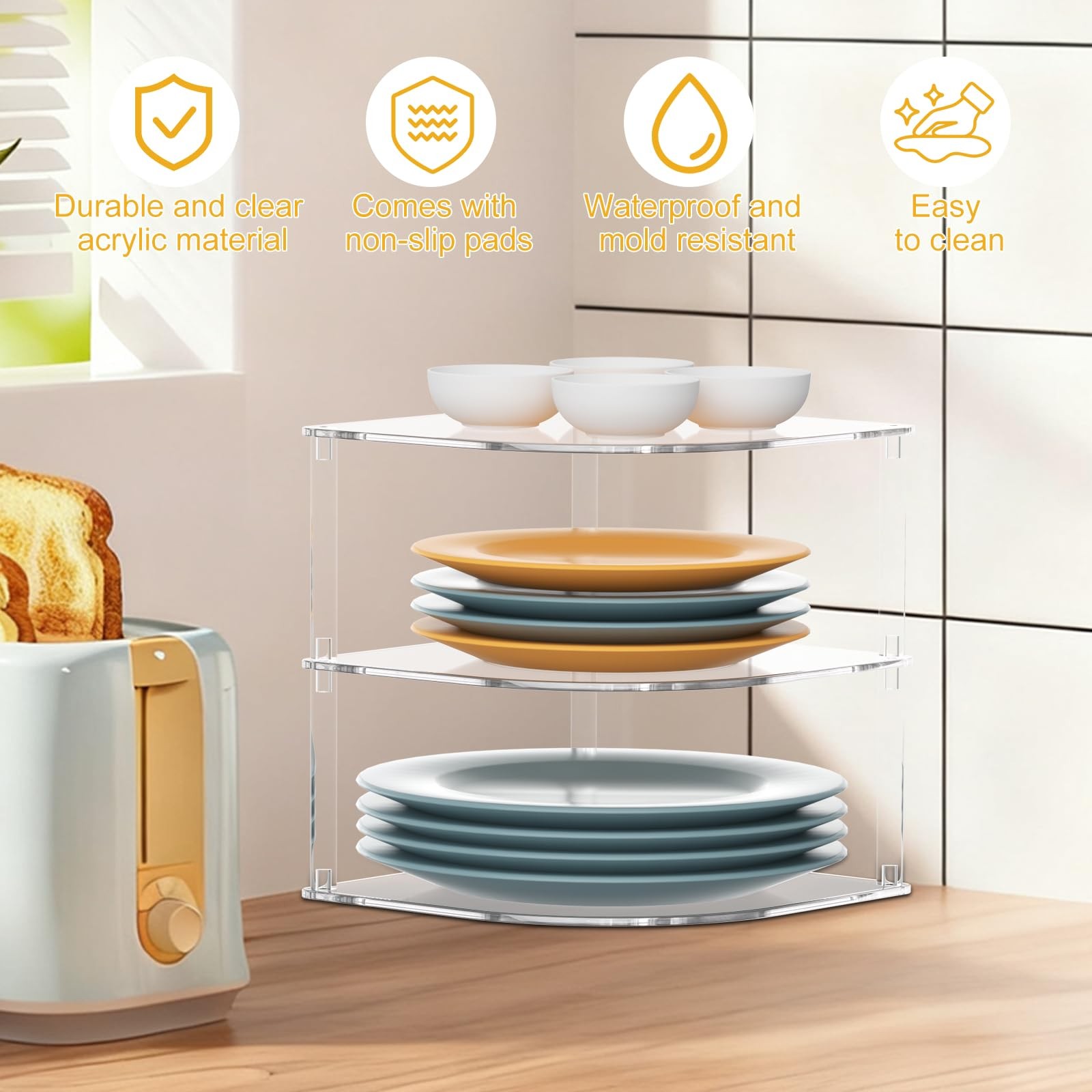 Acrylic Plate Organizer for Cabinet Kitchen Countertop Corner Clear Cabinet O...