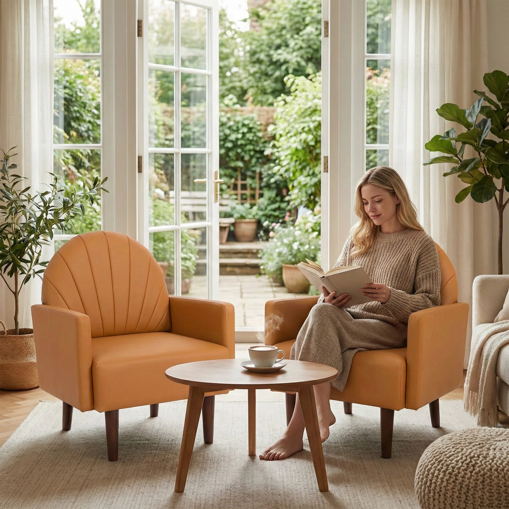 Orange PU Leather Accent Armchair with Plush Pillow & Wood Legs