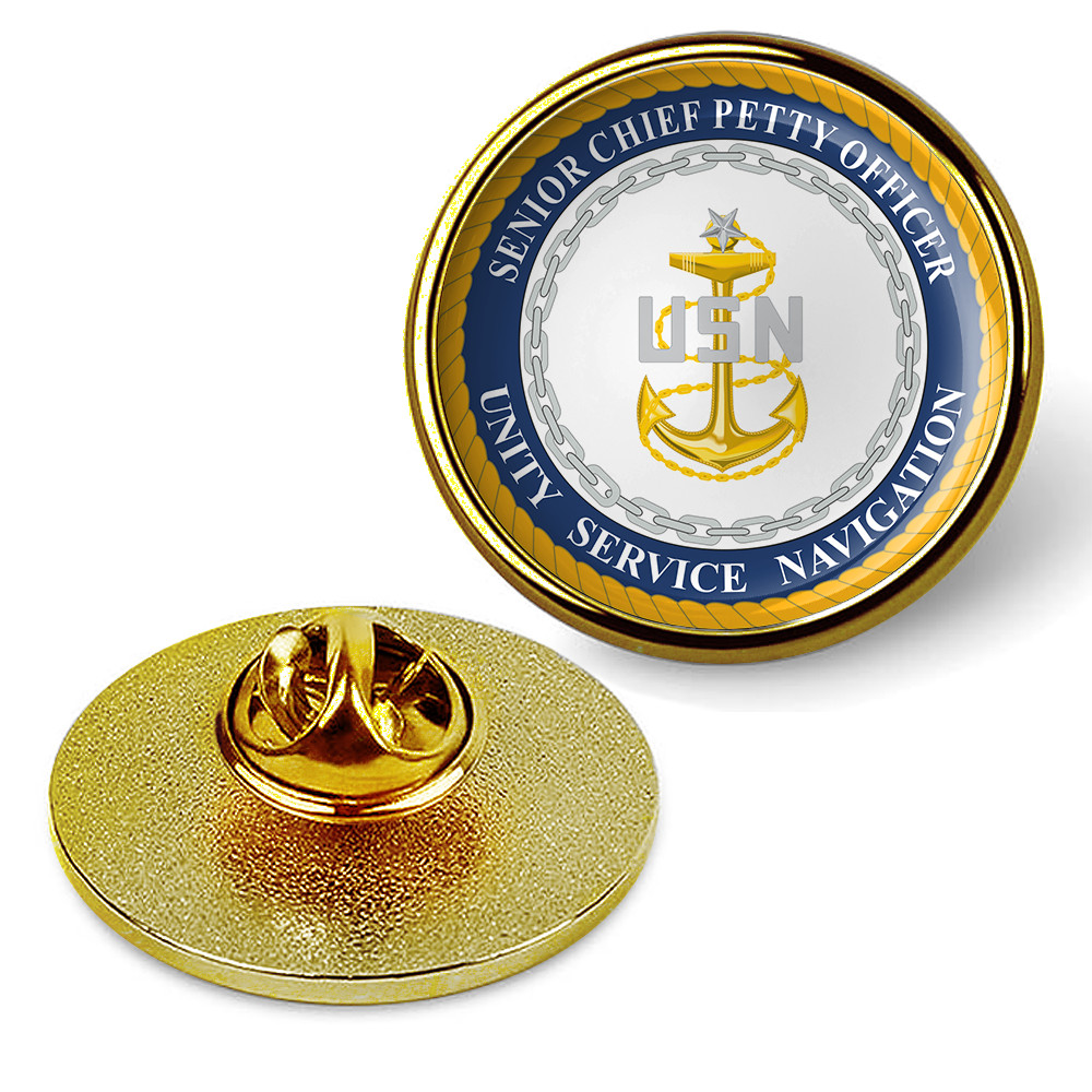 U.S. Navy SCPO "USN" Round Tie Tac, Hat Pin, Badge, Military Lapel Pin - Gold