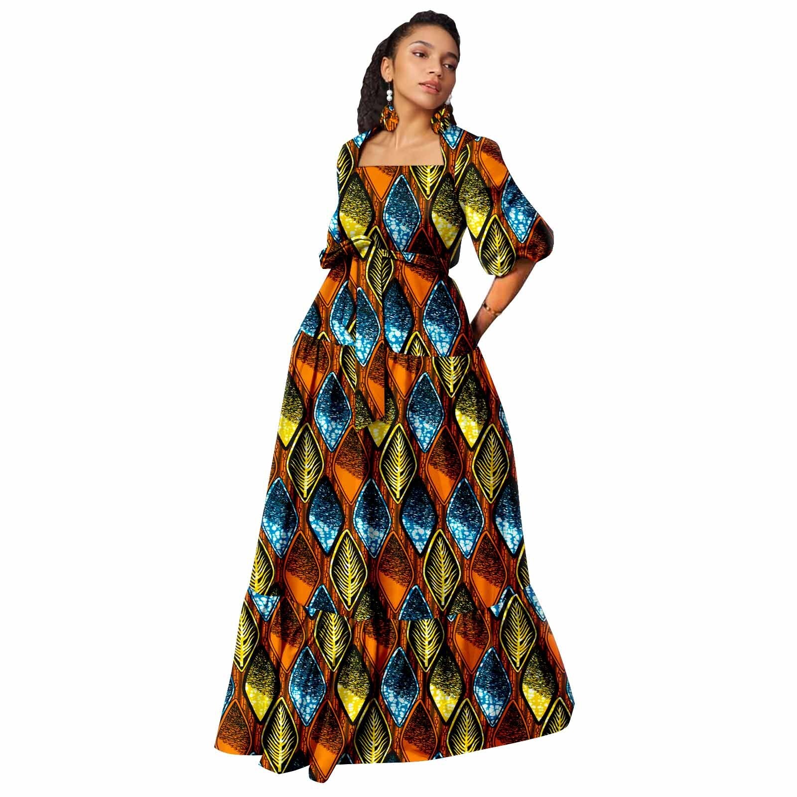 African Dress for Women Wax Print Square Collar Dress with earring 2525001