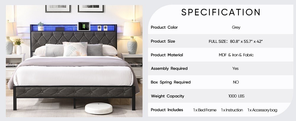 Full Size Bed Frame w/ LED Headboard, Storage & Platform, Outlet, USB Ports