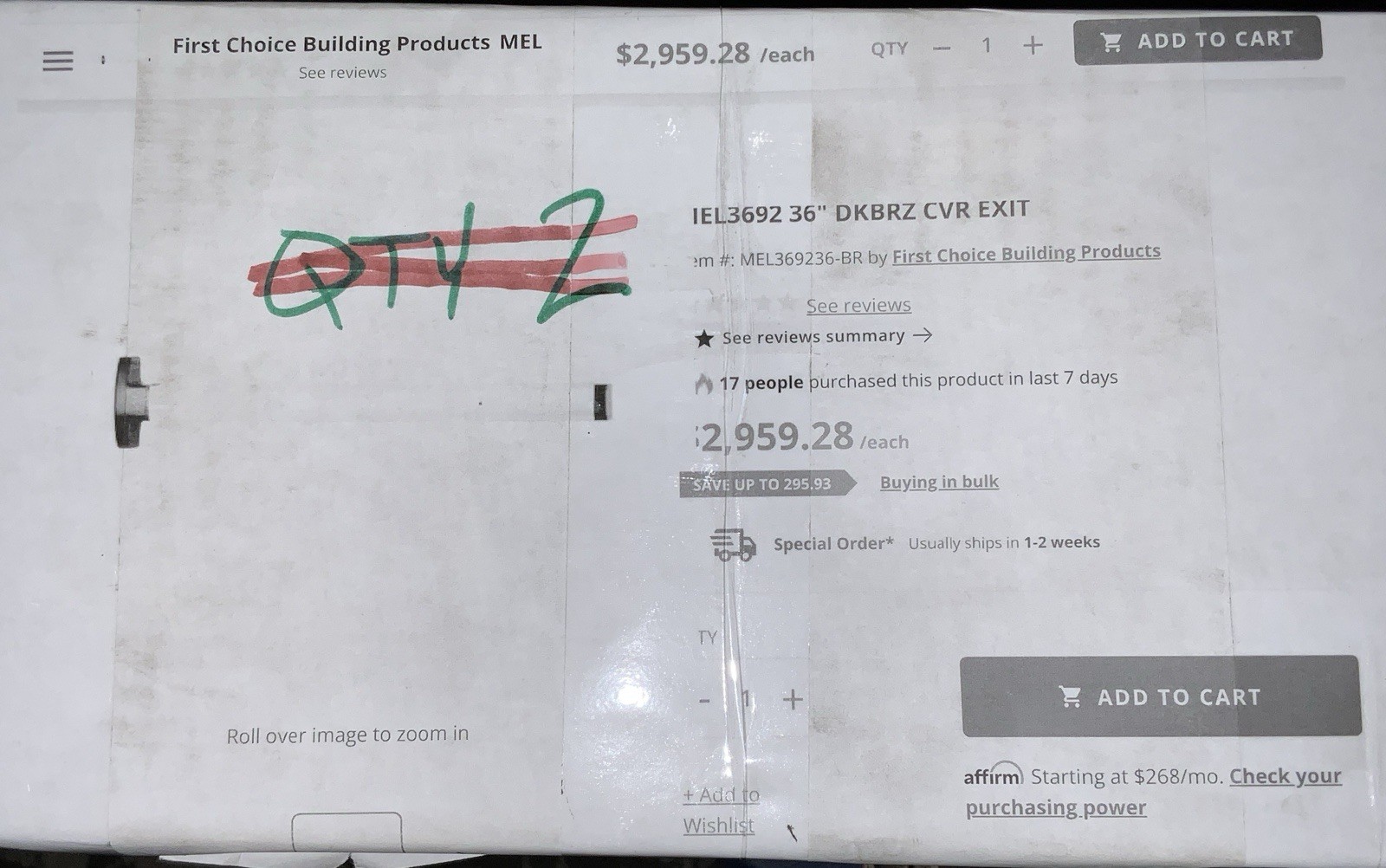 EL369236-BR First Choice Building Product CVR Exit Device Bronze MEL369236-BR 36