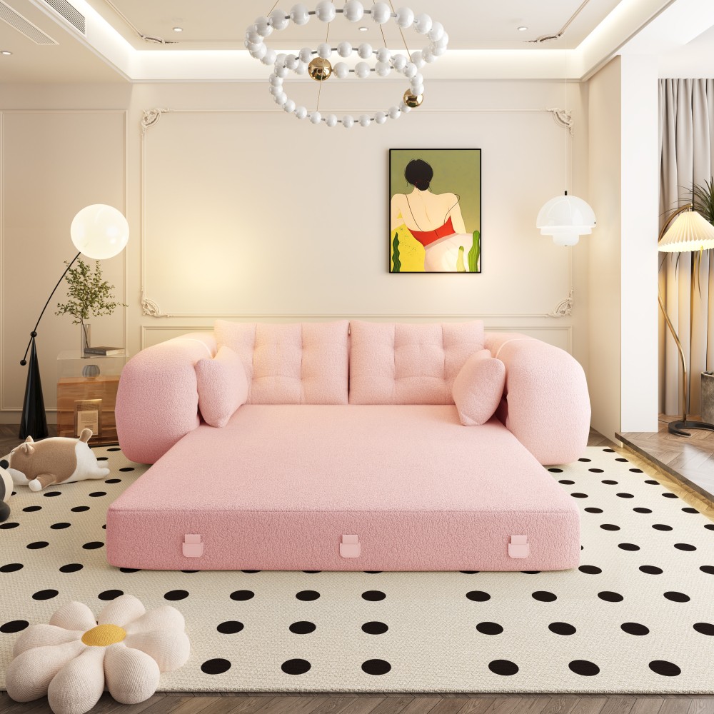 Pink 78.7" Foldable Sofa Bed, Teddy Fabric, Living Room Lounge Chair Guest Bed