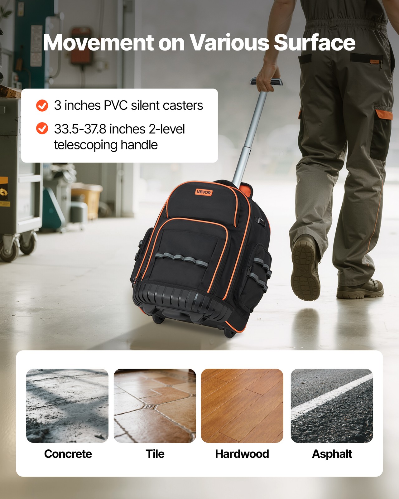 VEVOR Rolling Tool Backpack 45 Pockets Heavy Duty Roller Tool Bag on Wheels