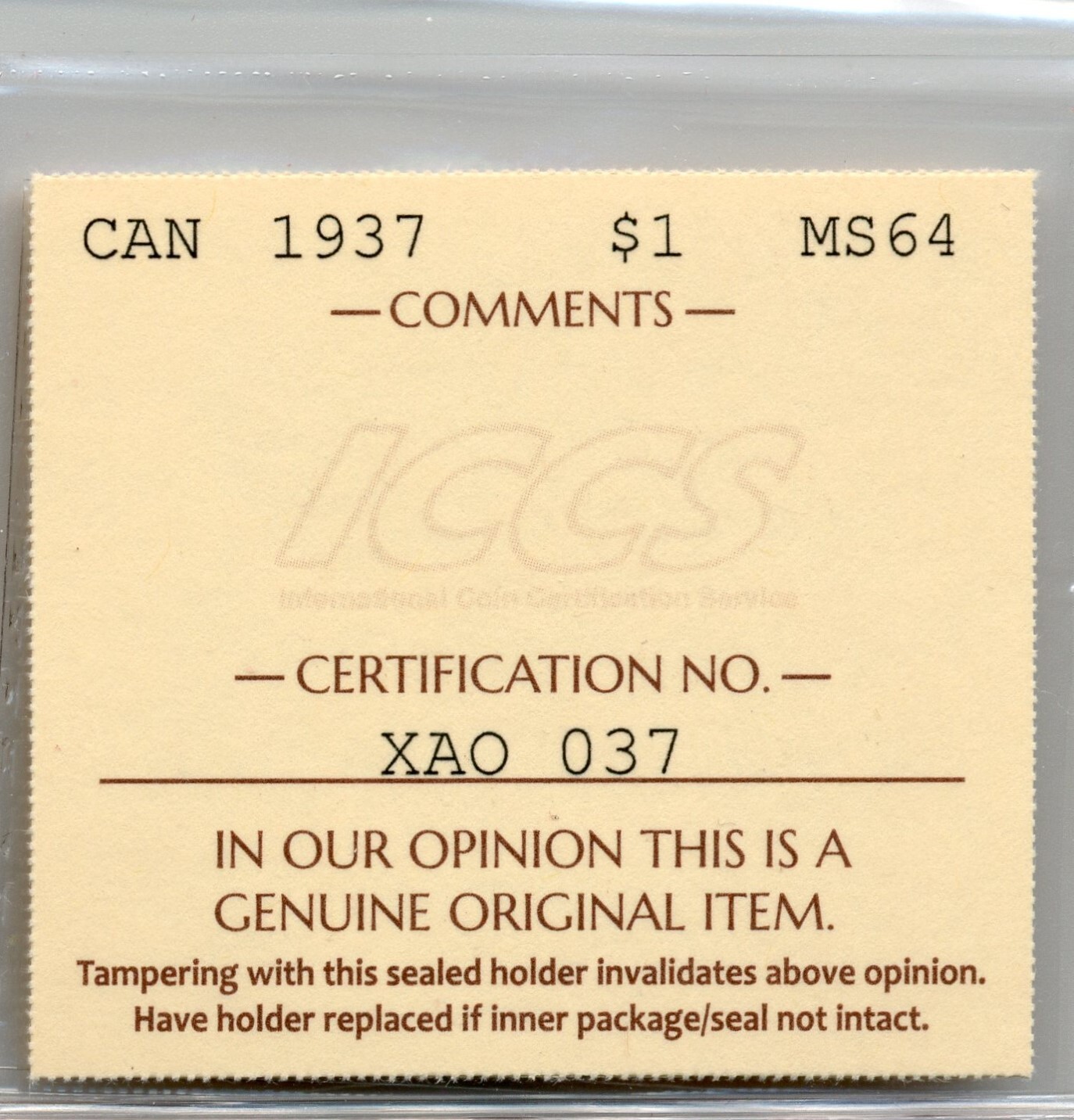 1937 Canada Silver Dollar - Choice Uncirculated, ICCS MS 64