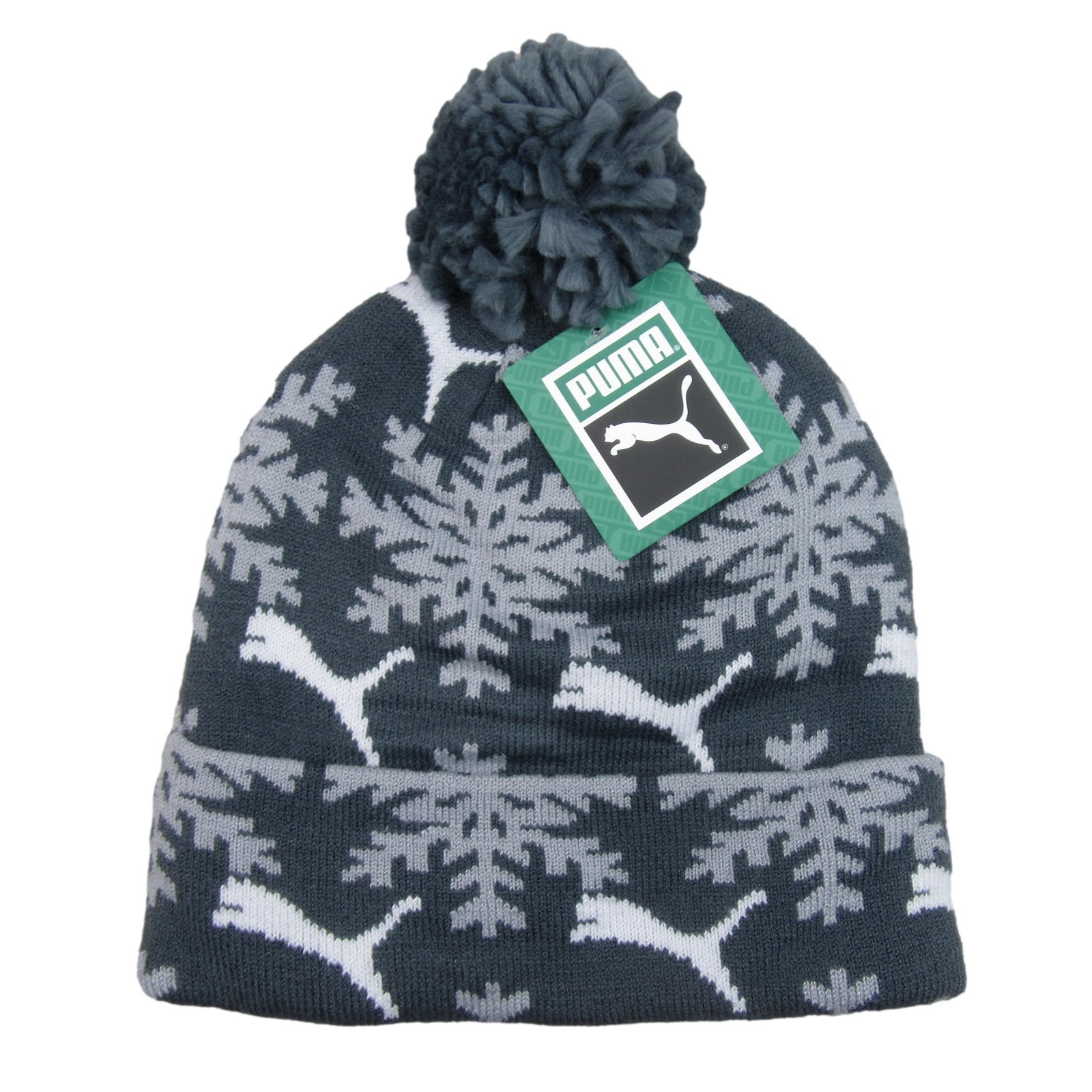 Puma Fair Isle Snowflake Pom Beanie Cap Unisex One Size Fit Grey NEW