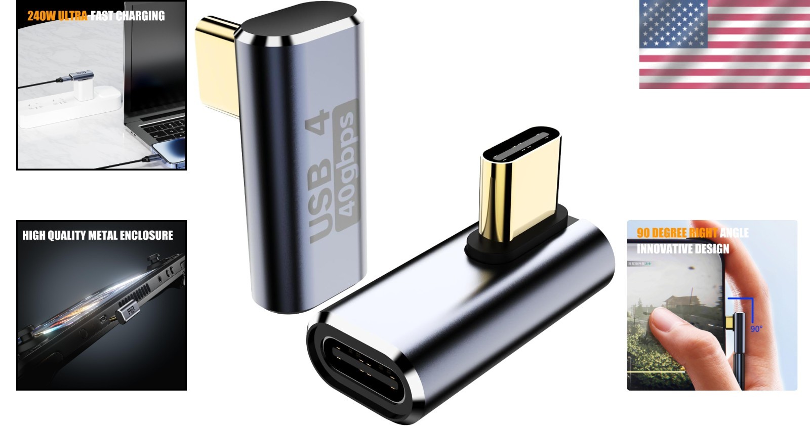 USB C Adapter [2-Pack], PD 240W USB C 90 Degree Adapter, USB Type C Right Angle