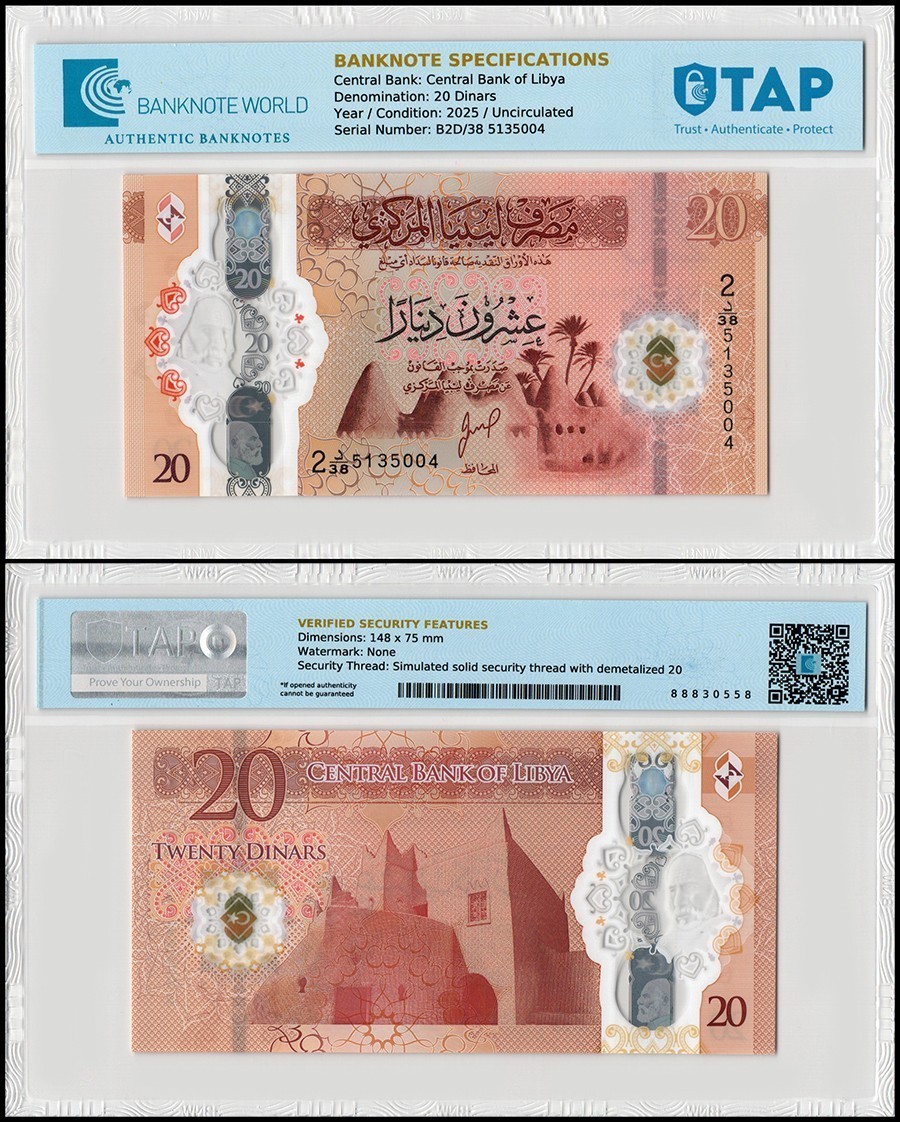 Libya 20 Dinars, 2025 ND, P-87, UNC, Polymer, Authenticated