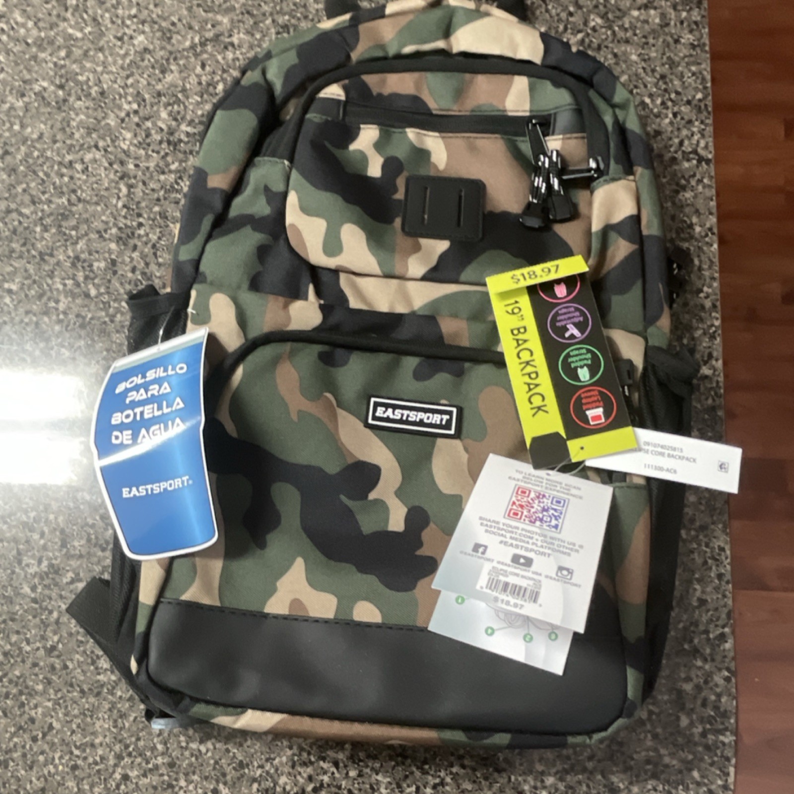 Eastsport 19" Camo Backpack Green/Brown/Black Zip Bottle Pocket Padded