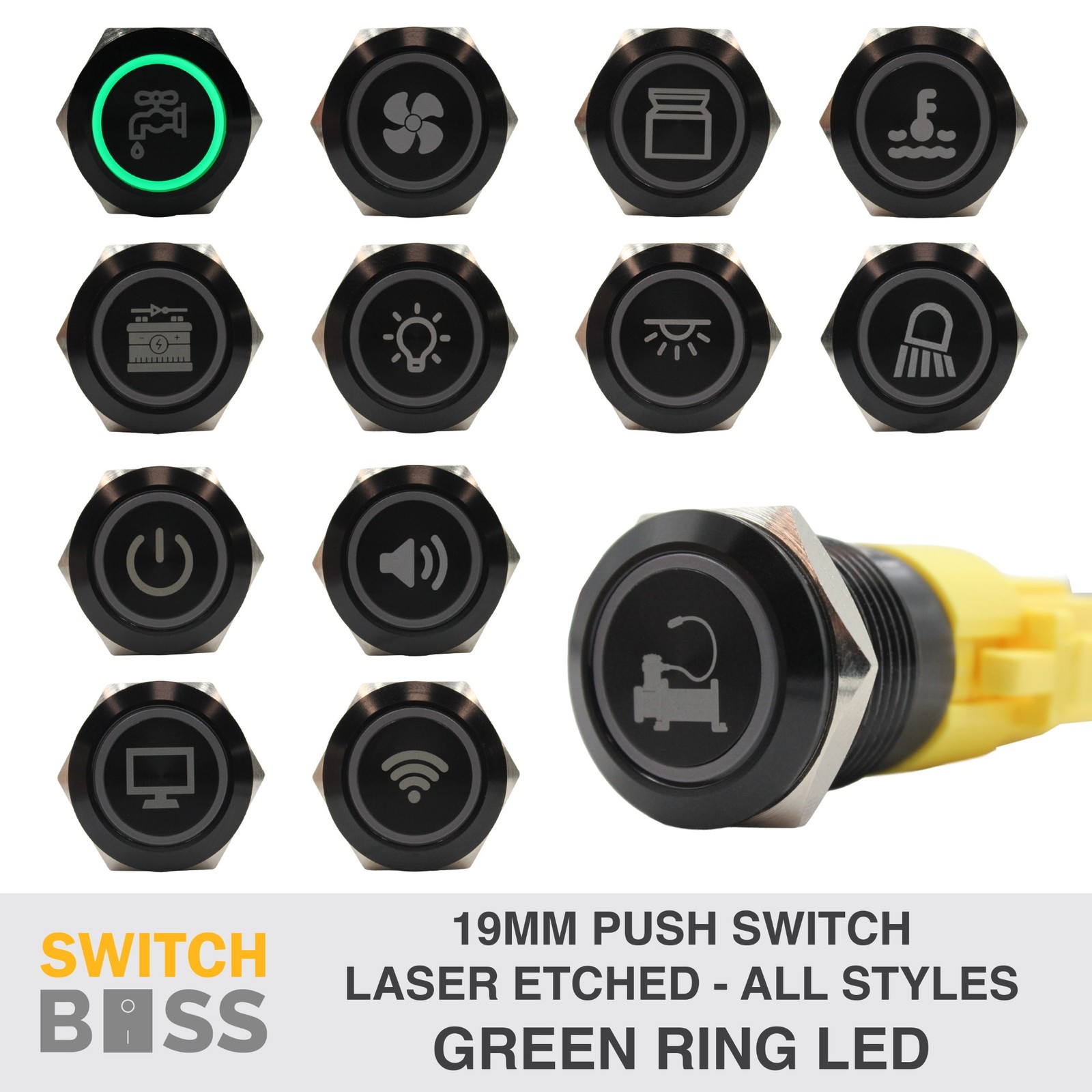 GREEN RING LED Custom Laser Etched 19mm Push Button Switch R19 12v ALL STYLES