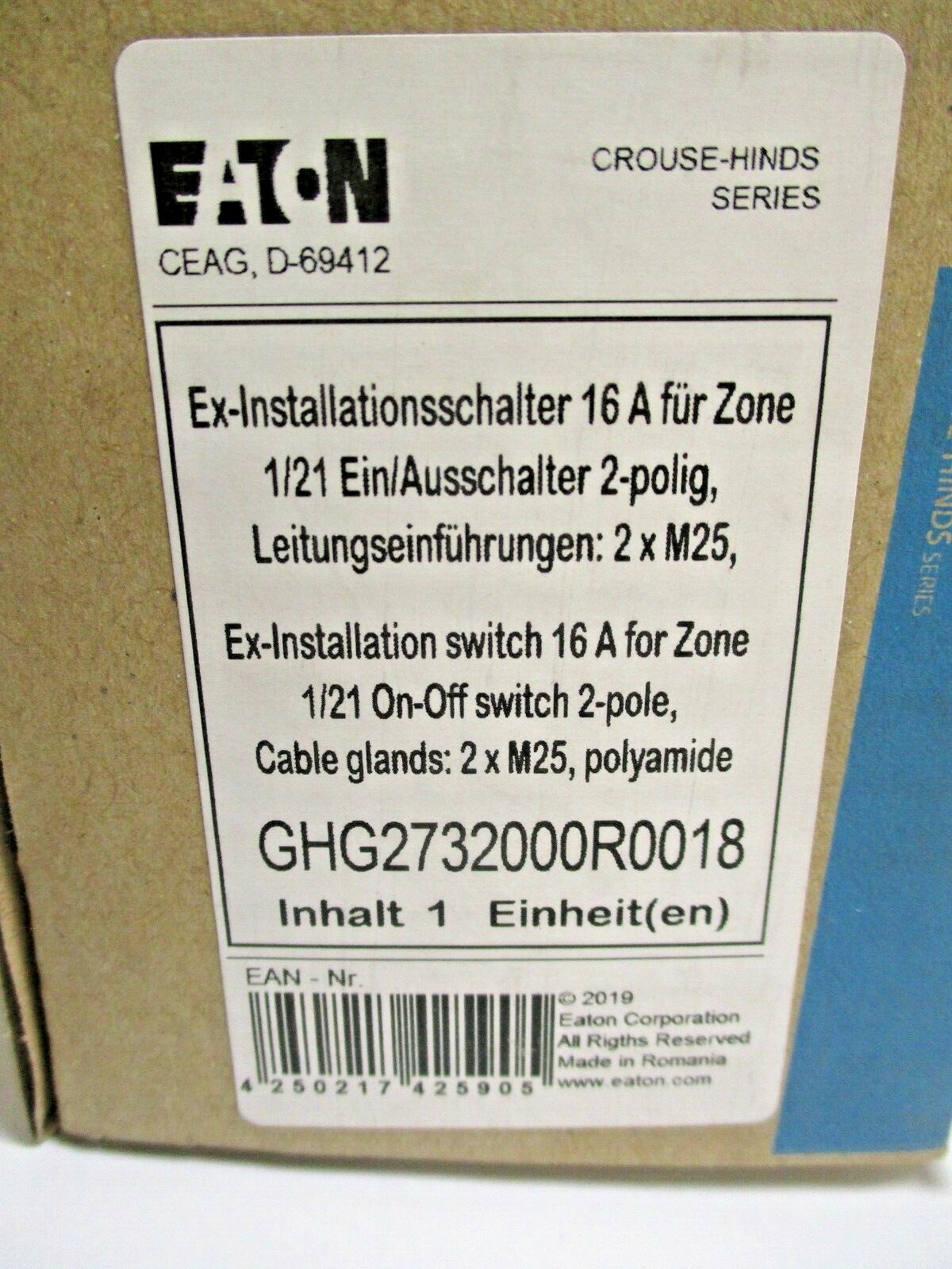 EATON, GHG2732000R0018, EXPLOSION PROOF SWITCH , SURPLUS