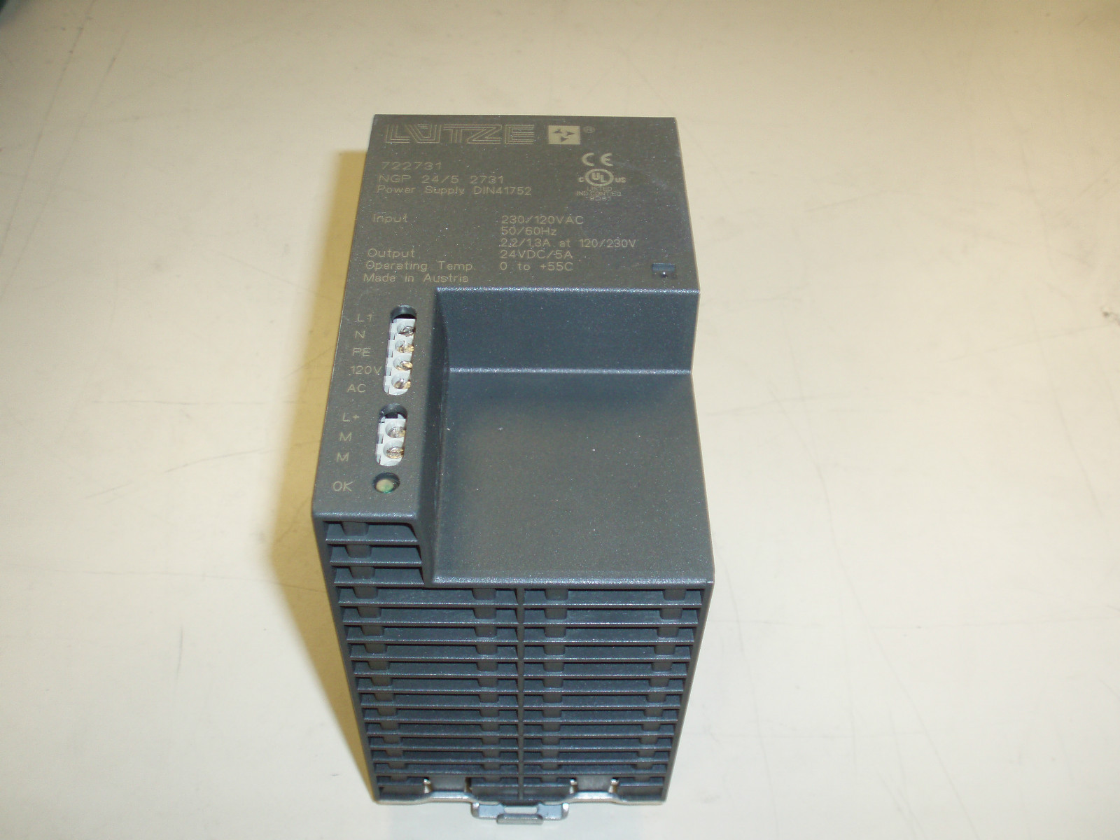 LUTZE  POWER SUPPLY # NGP 24/5 2731  24VDC @ 5AMPS  INPUT: 120/230VAC 50/60HZ.
