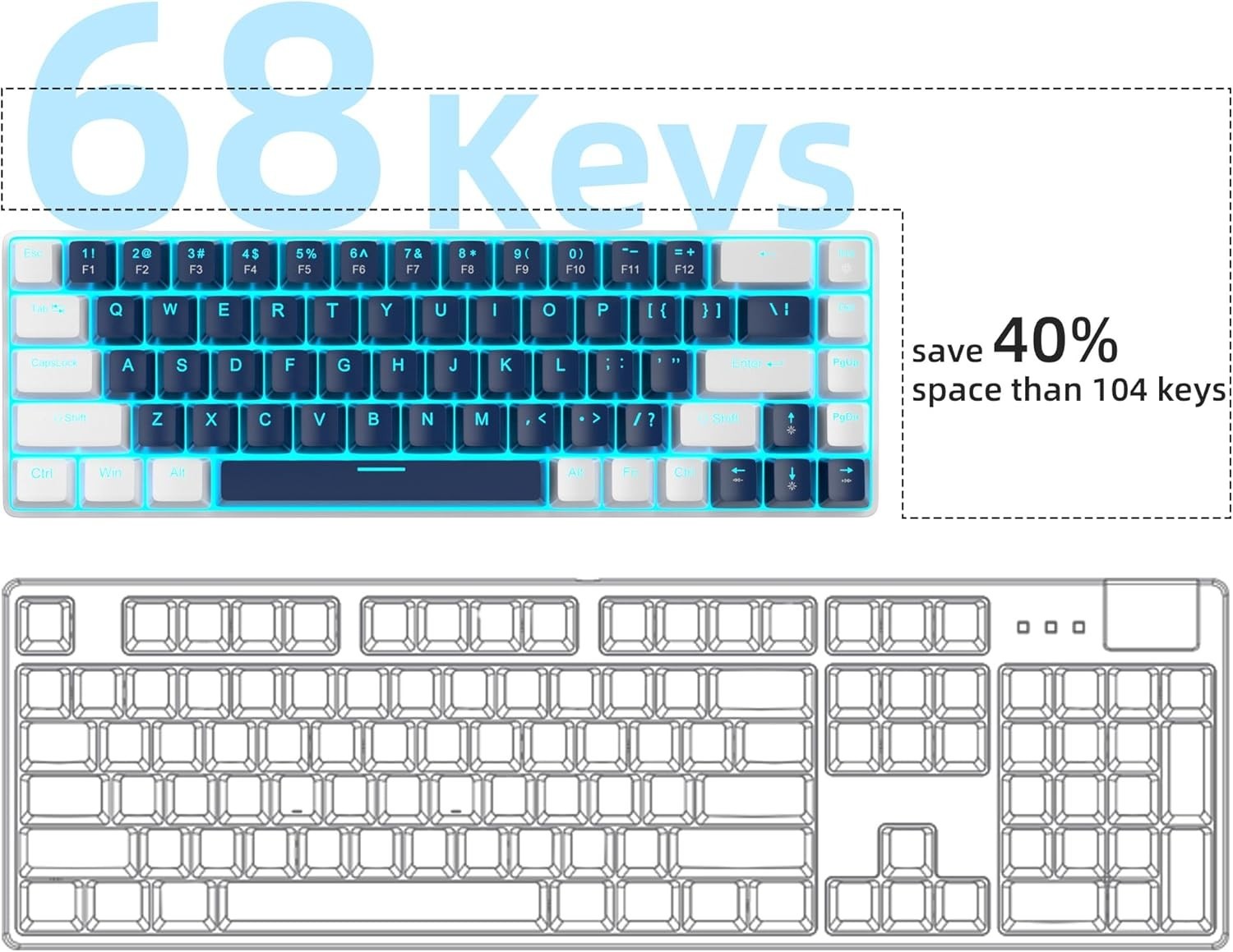 68 Keys Ergonomic Mechanical Keyboard with Blue Switch - Ideal for Gaming