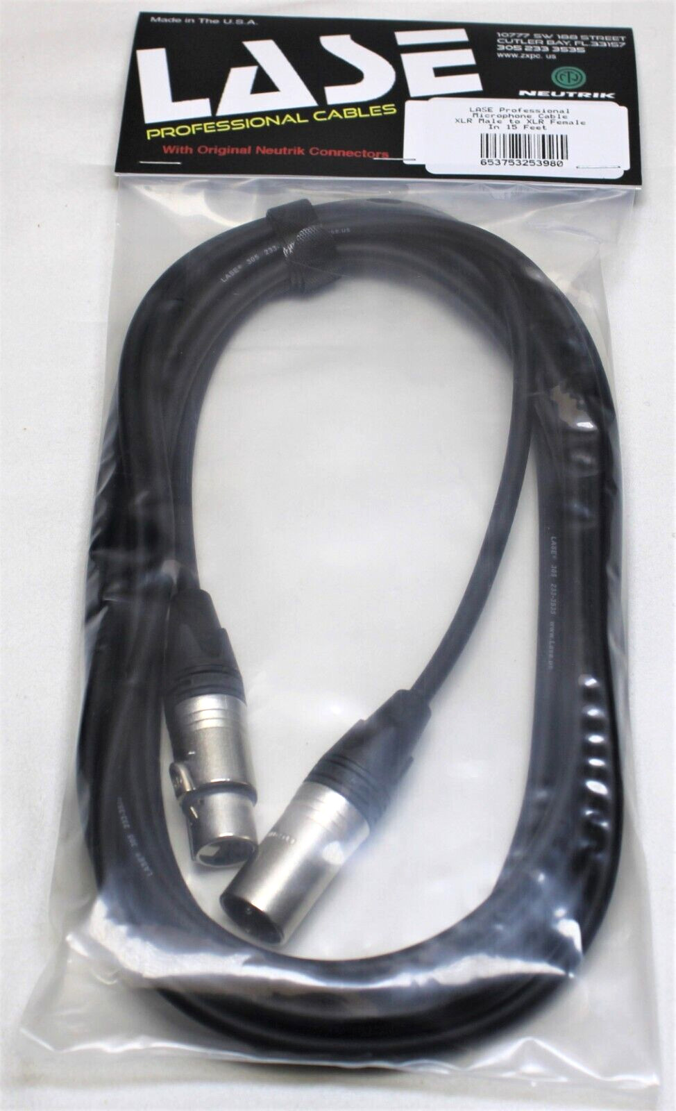 LASE 15 Ft Microphone Cable W/ NEUTRIK NC3MXX 3-Pin XLR Male to NC3FXXX Female
