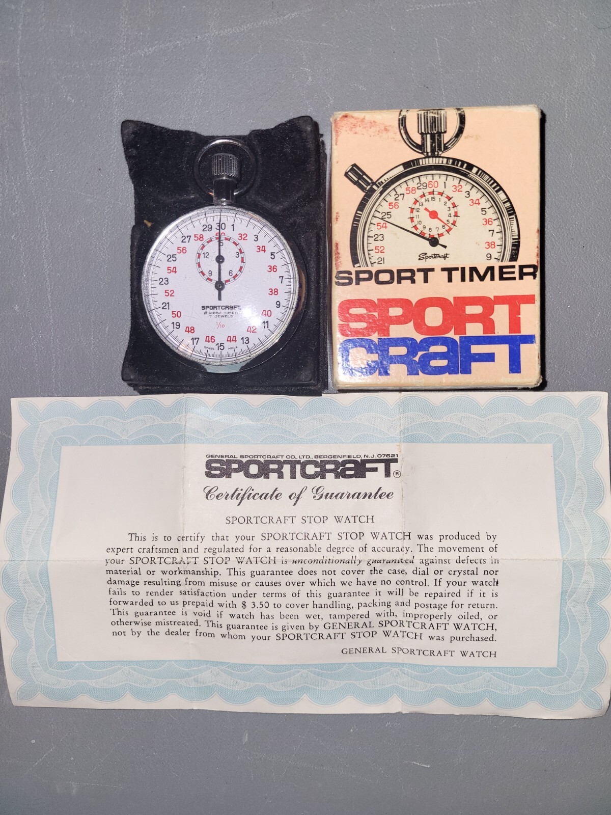 Working SPORTCRAFT Stopwatch 7 Jewels 1/10 Original Box Swiss Made # 12852