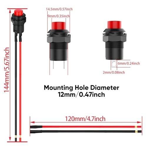12mm Momentary Push Button Switch with Wire SPST ON/Off AC 6-Pack Black