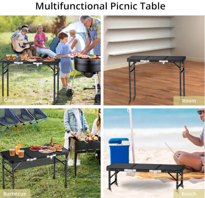 3ft Folding Aluminum Camping Table, Adjustable Height, Portable Outdoor Table