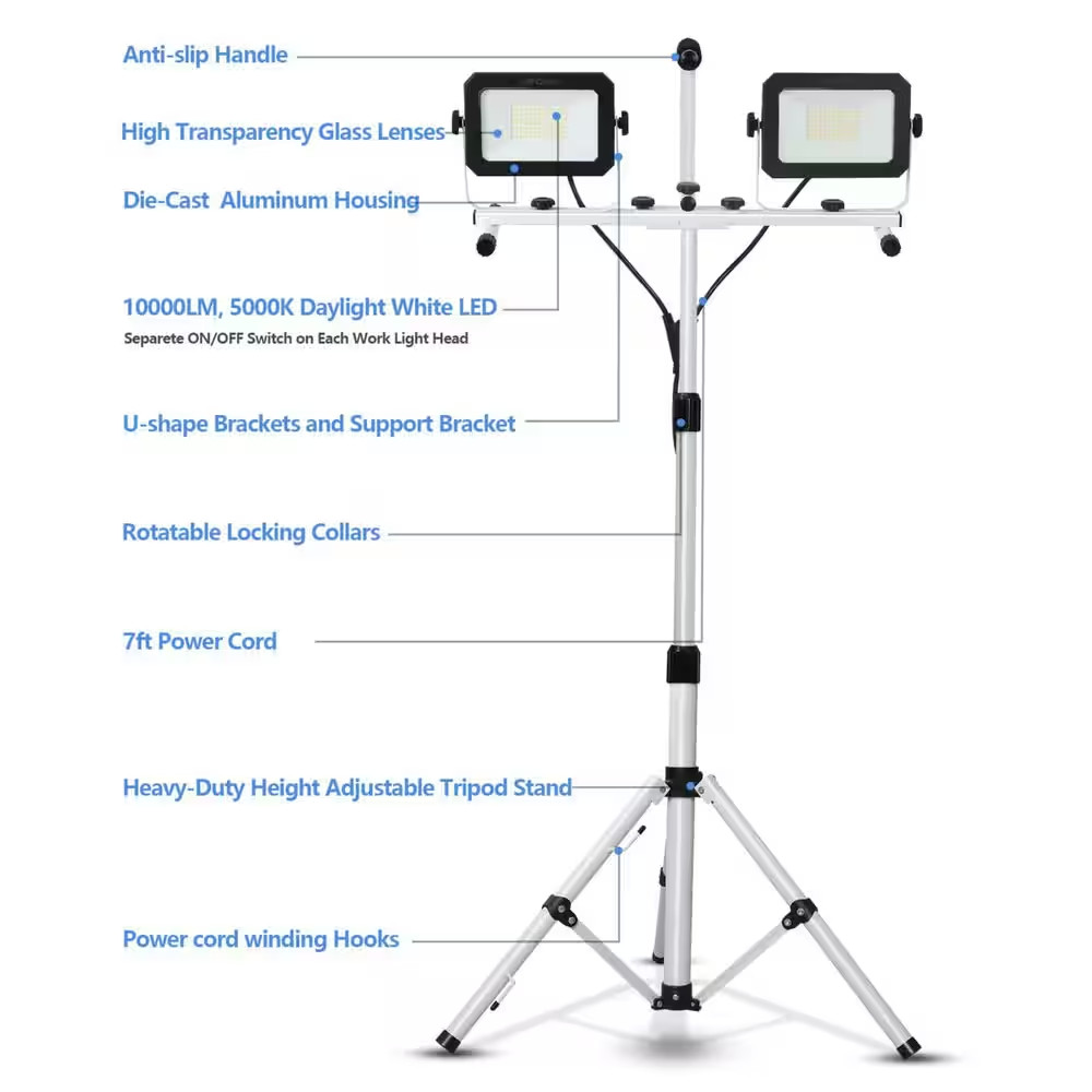10000 Lumen Dual-Head LED Work Light 120 Volt with Adjustable Waterproof Tripod