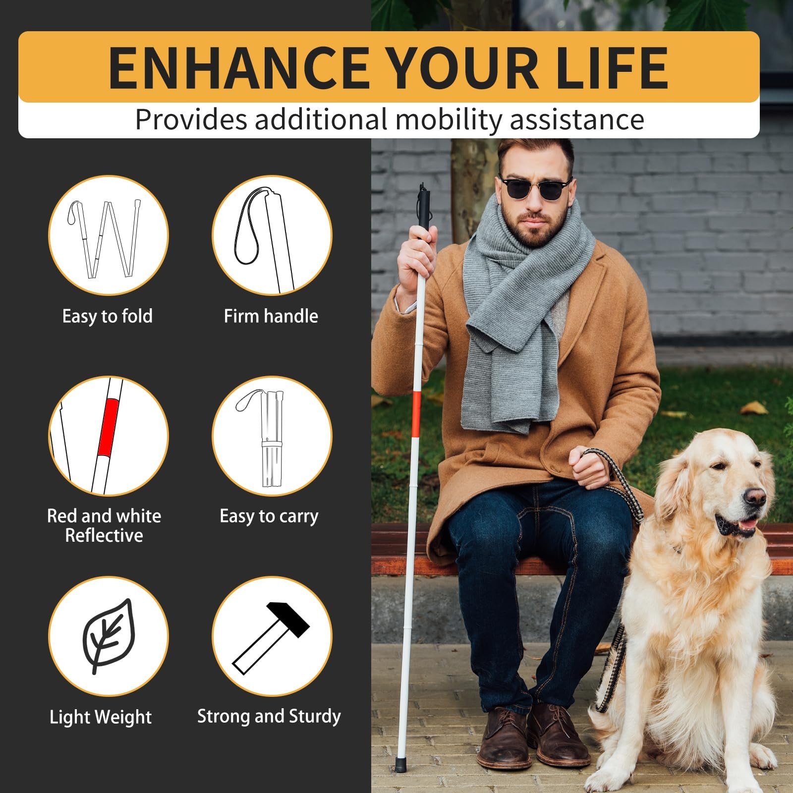 Folding Blind Cane Reflective Red Walking Stick for Vision 52 inch