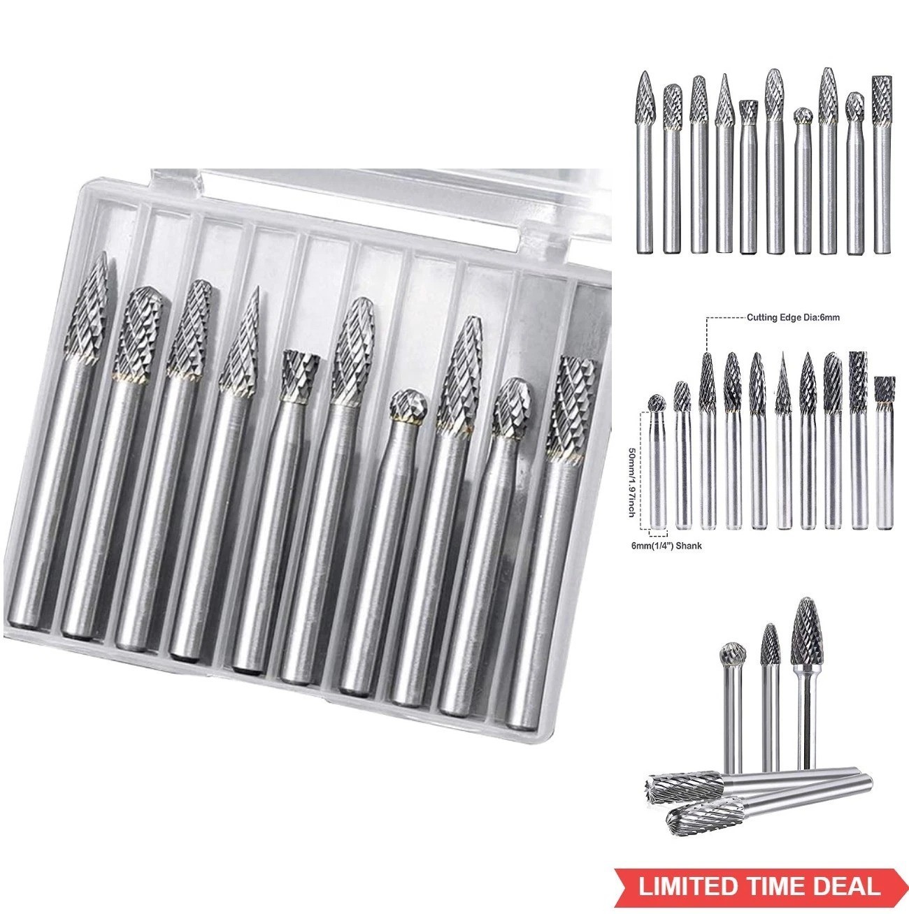 Tungsten Carbide Burr Set 10pc 1/4 Shank Double Cut Rotary Tools for Steel Wood