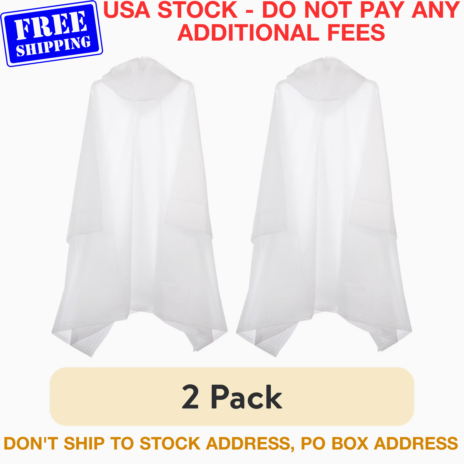2 Pack Clear Rain Poncho Waterproof Hooded Emergency Raincoat Packable Unisex 2P