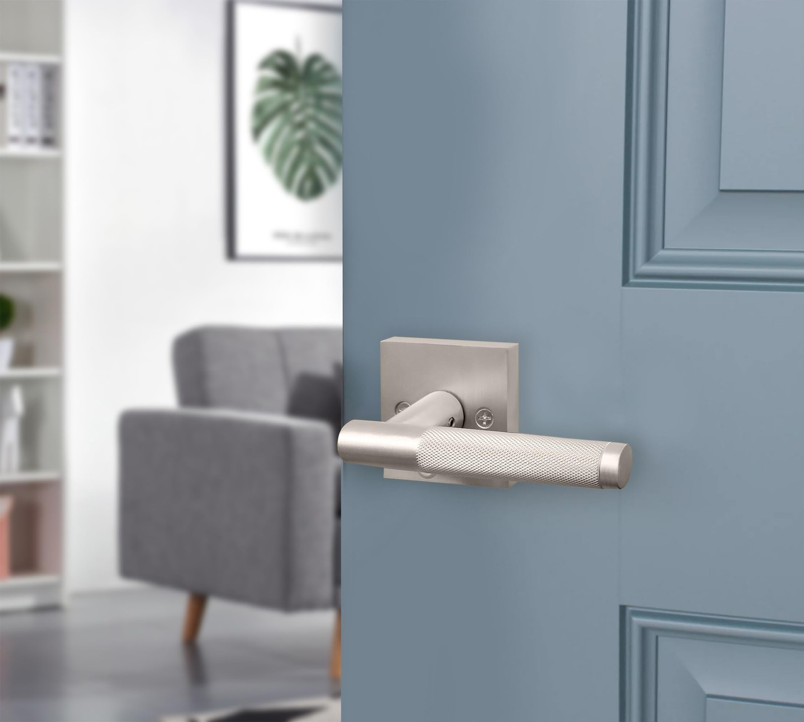 Brushed Nickel Interior Door Knob with Lock, Silver Bedroom Door Knobs, Inter...