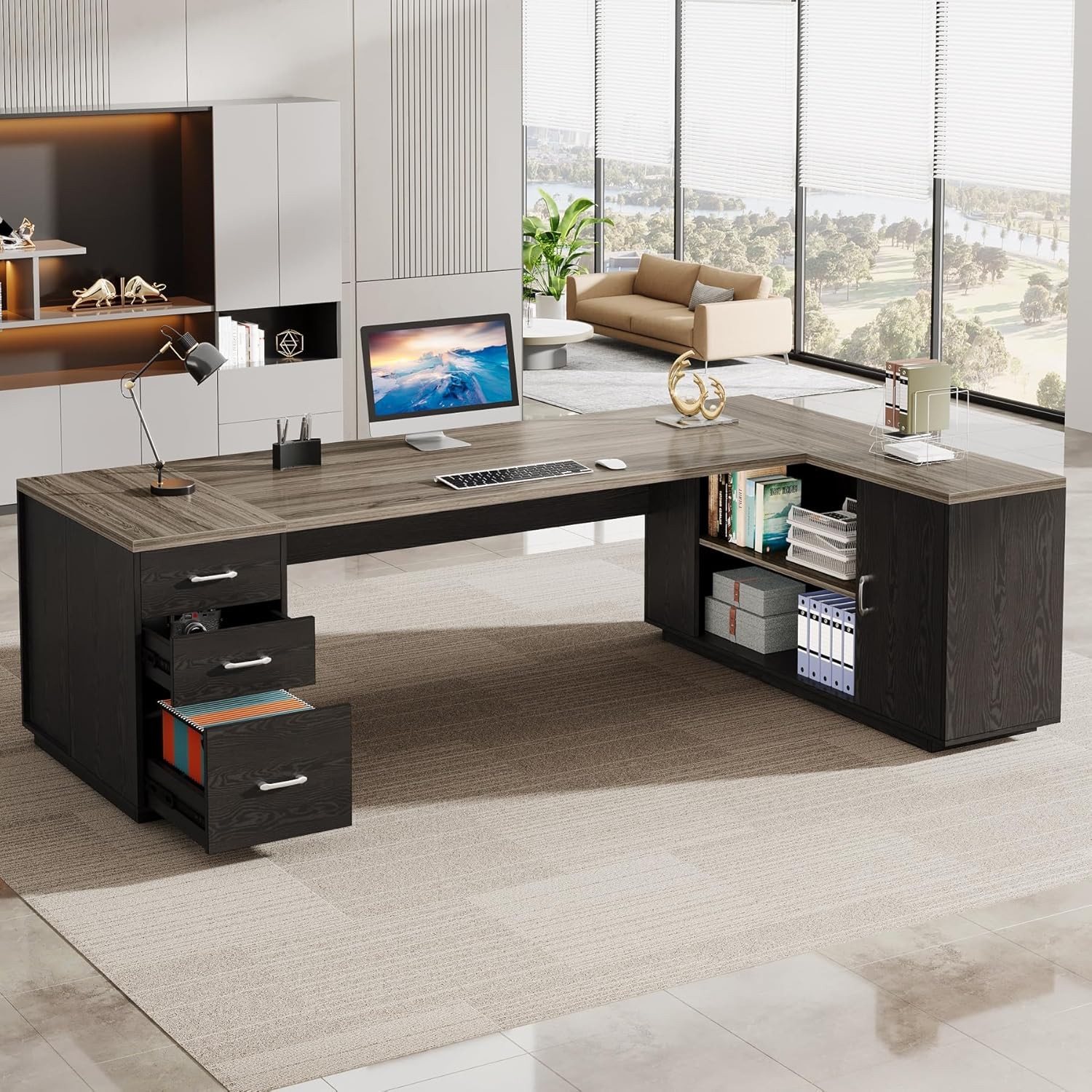 85.8'' Large Executive Desk Modern L-Shaped Office Computer Desk w/ File Drawer