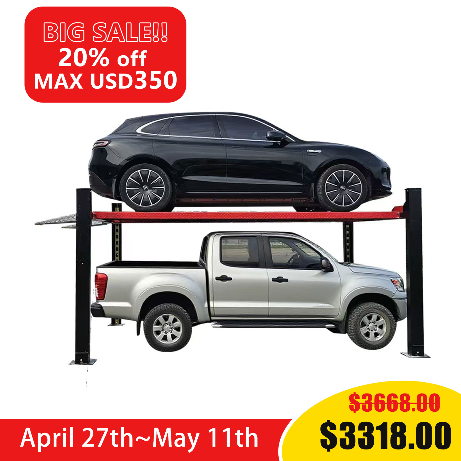 9500lbs 4 Post Lift with Moving Kits Caster Four Post Lift 79" Home Parking Lift