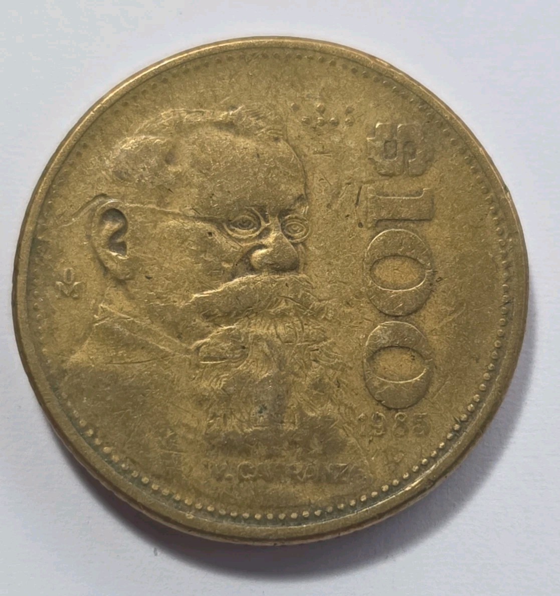 1985 Mexico 100 Pesos Coat Of Arms, Image Venustiano Carranza Garza, Braille