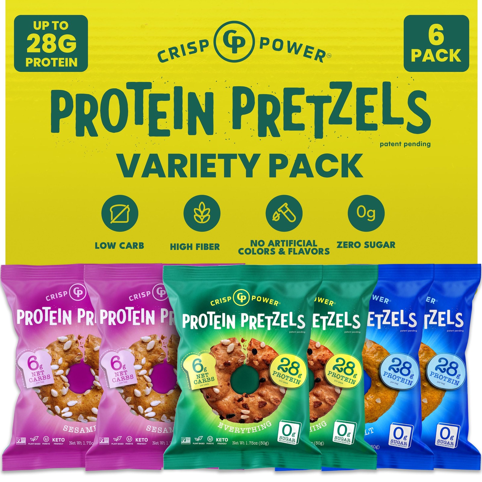 CRISP POWER Protein Pretzels, Variety Pack With Sea 1.75 Ounce (Pack of 6)