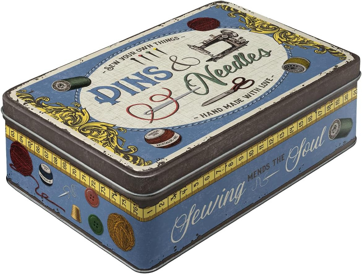 Retro Storage Tin Box Flat, 84.5 Oz, Pins & Needles Sewing Box – Gift Idea fo...