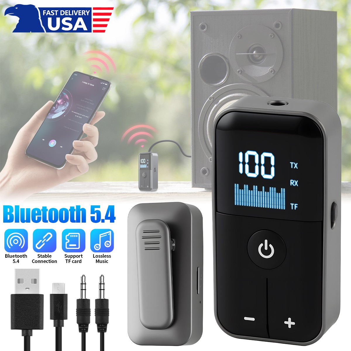Bluetooth5.4 Audio Adapter Wireless Receiver Transmitter MP3 Player 3.5mm Aux A+