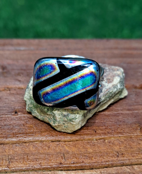 Vtg Dichroic Glass Ring Artisan glass Silver Wire wrapped size 7