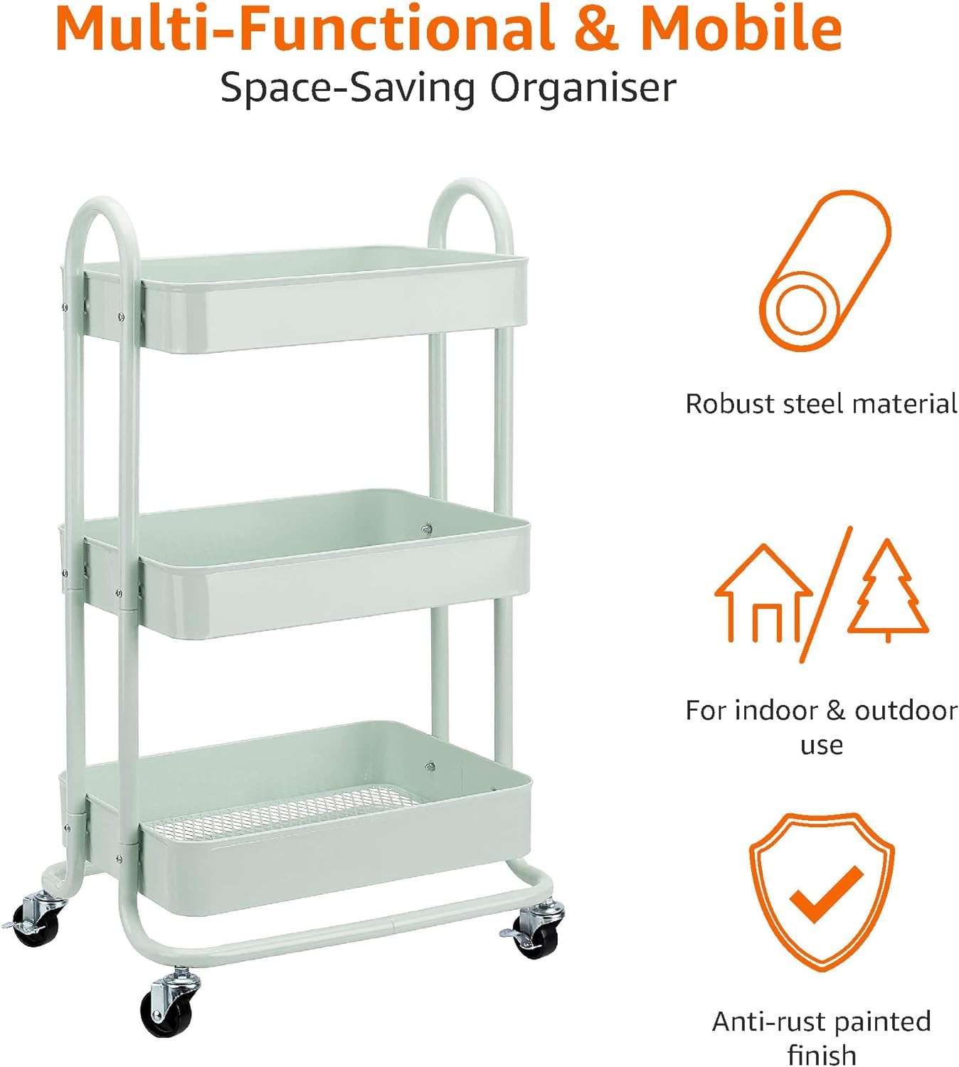 Basics 3-Tier Metal Rolling Utility or Kitchen Cart - Mint Green