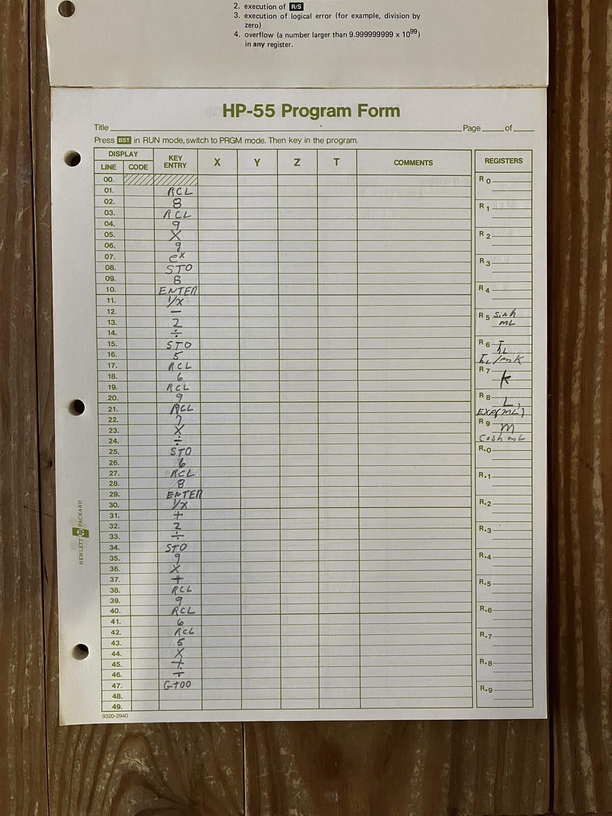 Hewlett Packard HP-55 Programming Pad