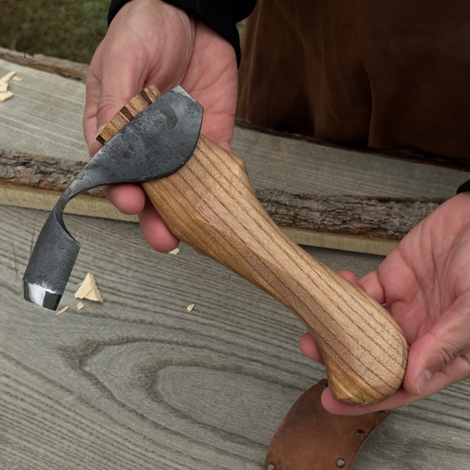 Hand-Forged Small Adze Curved Carbon Steel Blade Ash Handle Gift for Dad.