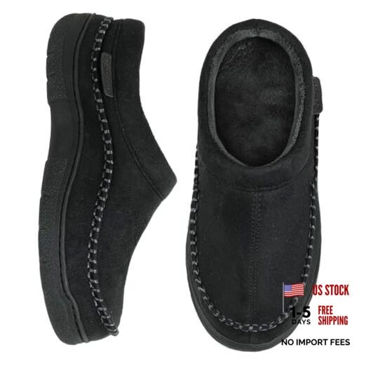 Men's Slip On Moccasin Slippers, Indoor/Outdoor Warm Fuzzy 9-10 Jet Black