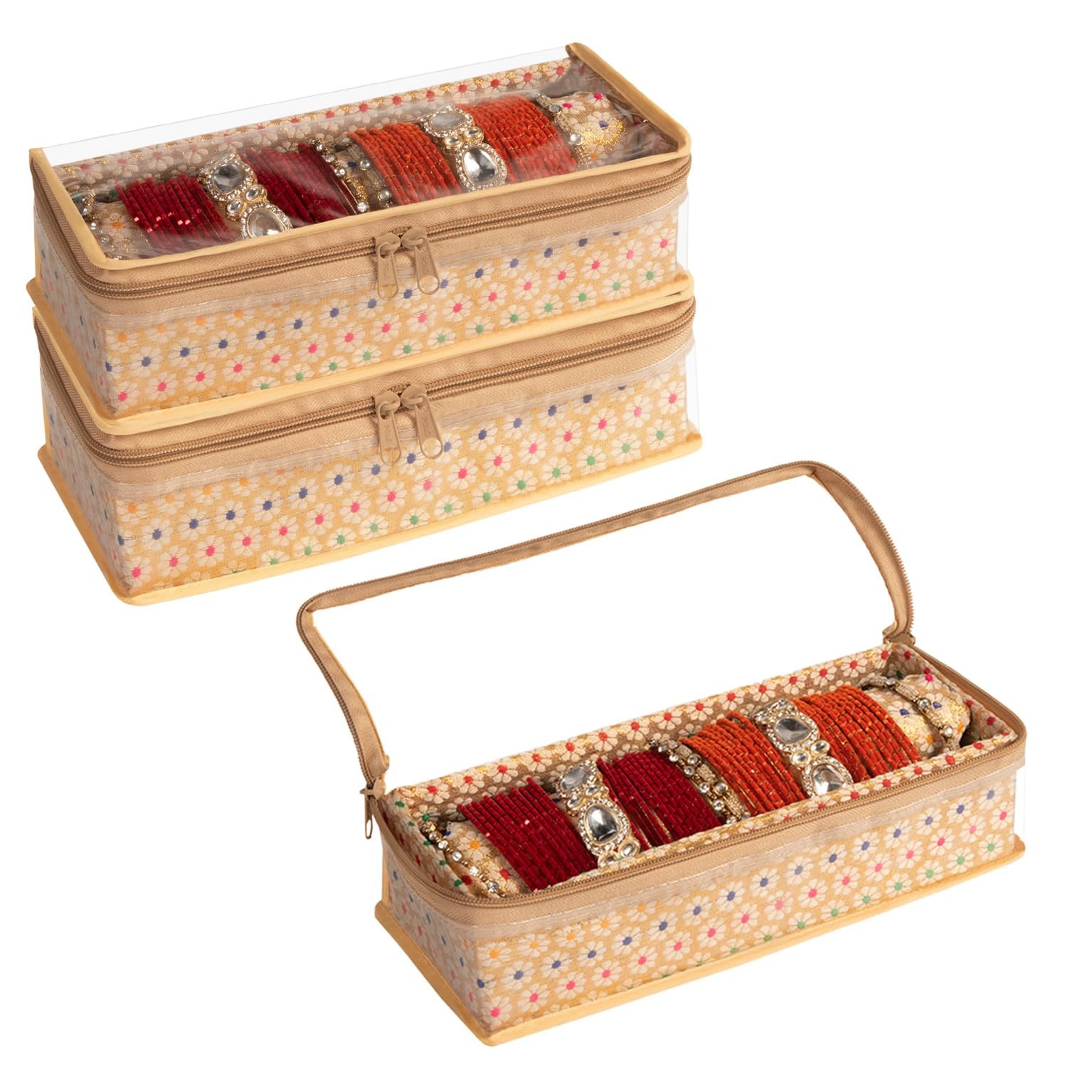 Brocade Single Rod Bangle Box Set of 3, Golden Jewelry Organizer with Zip