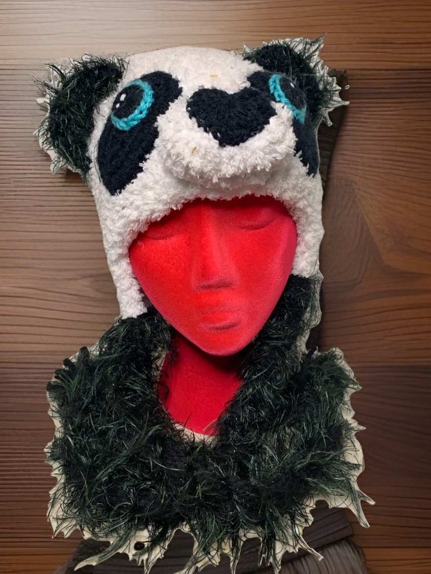 Handmade Crochet Panda Bear Hat Plush Side Braids w/ Tassels Skull Cap Folk Art
